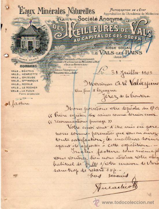 Commercial Letters: CARTA COMERCIAL EAUX MIN&Eacute;RALES NATURELLES. S. A. VALS-LES-BAINS 1903, FRANCE