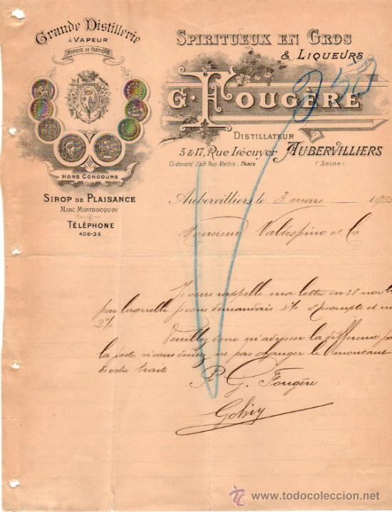 Commercial Letters: CARTA COMERCIAL DE G. FOUG&Egrave;RE. DISTILLATEUR. AUBERVILLIERS 1903, FRANCE