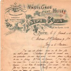 Lettere commerciali: CARTA COMERCIAL DE JOSEPH BRUN. FABRIQUE DE VINS ET HUILES. NICE 1904, FRANCE