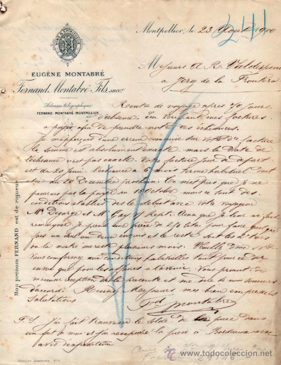 Commercial Letters: CARTA COMERCIAL DE FERNAND MONTABR&Eacute; FILS, SUCCrs. MONTPELLIER 1900, FRANCE