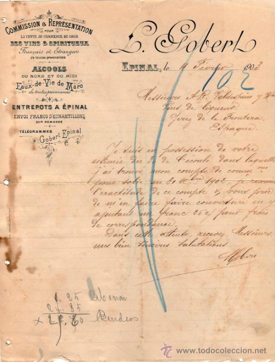Commercial Letters: CARTA COMERCIAL DE L. GOBERT. COMMISSION & REPR&Eacute;SENTATION. EPINAL 1903,  FRANCE