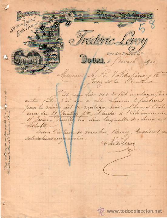 Commercial Letters: CARTA COMERCIAL DE FR&Eacute;DERIC LEROY. FABRIQUE DE SIROPS & LIQUEURS. DOUAI 1900, FRANCE