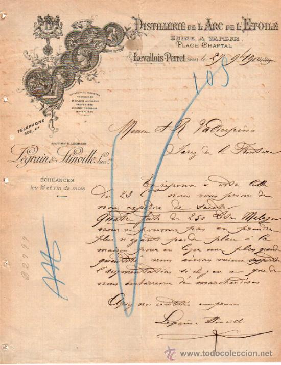Commercial Letters: CARTA COMERCIAL DE LEGRAIN & STINVILLE SUCCRs. DISTELLERIE. FRANCE 1900