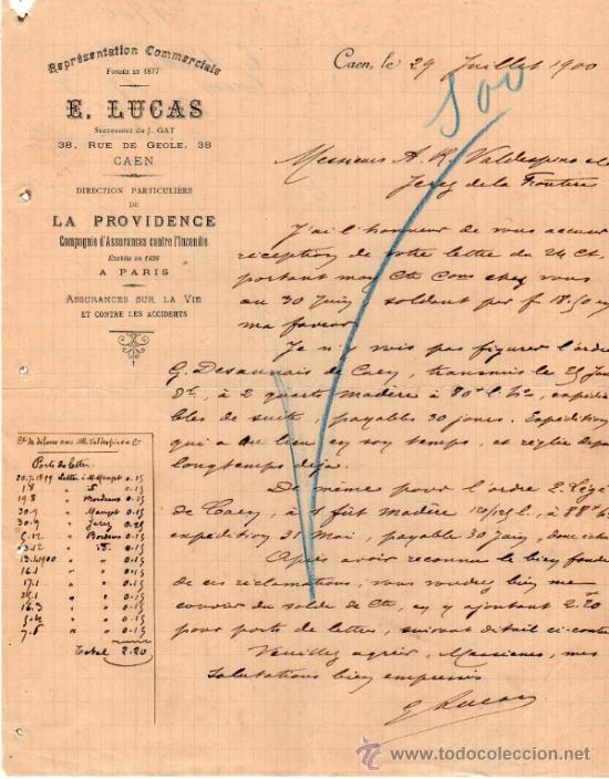 Commercial Letters: CARTA COMERCIAL DE E. LUCAS. REPR&Eacute;SENTATION COMMERCIALE. CAEN 1900, NORMANDIE