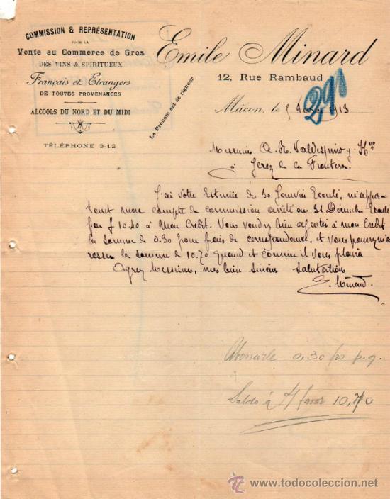 Commercial Letters: CARTA COMERCIAL DE EMILE MINARD. COMMISSION - REPR&Eacute;SENTATION  . M&Acirc;CON 1919, FRANCE