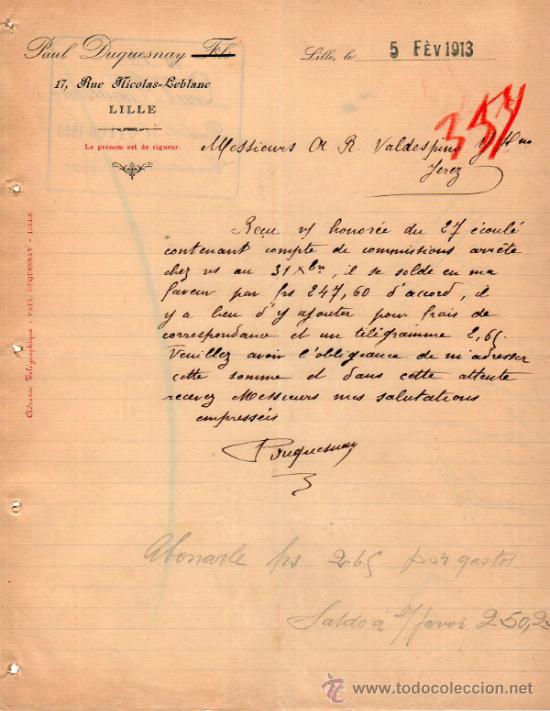 Commercial Letters: CARTA COMERCIAL DE PAUL DUQUESNAY . LILLE 1913, FRANCE