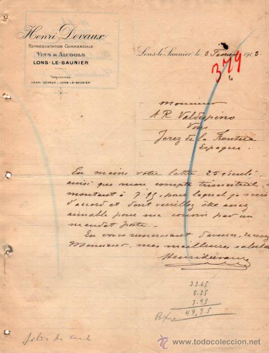 Commercial Letters: CARTA COMERCIAL DE HENRI DEVAUX. REPR&Eacute;SENTATION COMMERCIALE. FRANCE 1913