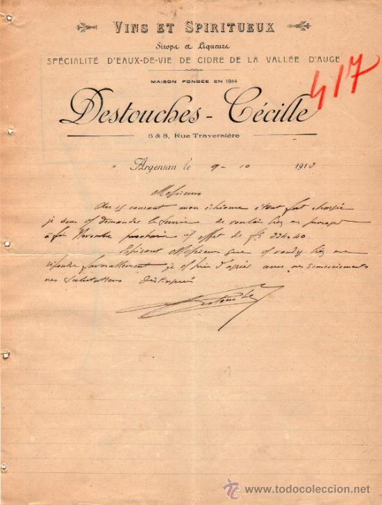 Commercial Letters: CARTA COMERCIAL DE DESTOUCHES - C&Eacute;CILLE. ARGENTAN 1913, FRANCE
