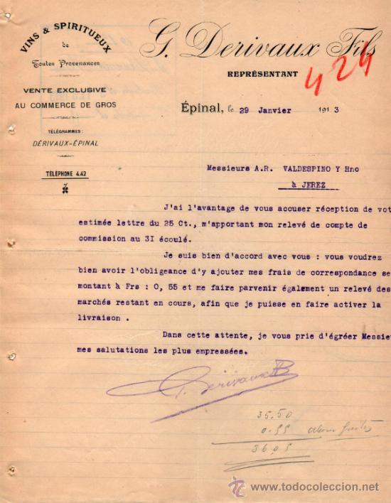 Commercial Letters: CARTA COMERCIAL DE J. DERIVAUX FILS. REPR&Eacute;SENTANT. &Eacute;PINAL 1913, FRANCE