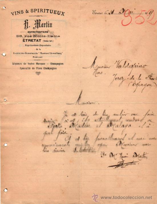 Commercial Letters: CARTA COMERCIAL DE HENRI MARTIN. ENTREPOSITAIRE. &Eacute;TRETAT 1919, FRANCE