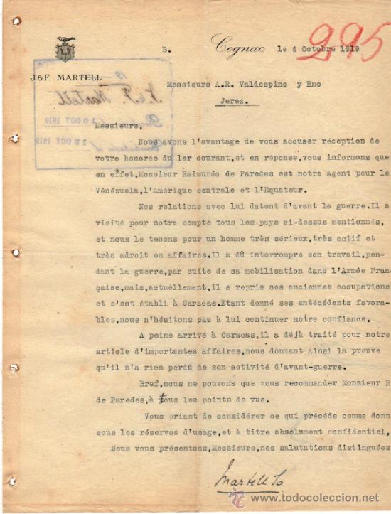 Commercial Letters: CARTA COMERCIAL DE J & F. MARTELL. COGNAC 1919,  FRANCE