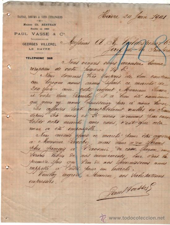 Commercial Letters: CARTA COMERCIAL DE PAUL VASSE & Cie. SUCCESSEURS DE GEORGES VILLEREL. HAVRE 1901,  FRANCE