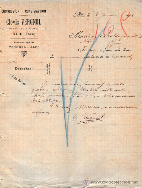 Commercial Letters: CARTA COMERCIAL DE CLOVIS VERGNOL. COMMISSION - CONSIGNATION. ALBI (TARN) 1901,  FRANCE