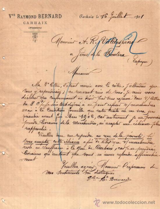 Commercial Letters: CARTA COMERCIAL DE Vve RAYMOND BERNARD. CARHAIX 1901,  FRANCE