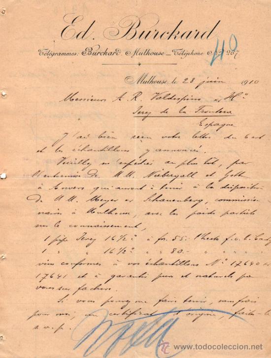 Commercial Letters: CARTA COMERCIAL DE ED. BURCHARD. MULHOUSE 1910,  FRANCE