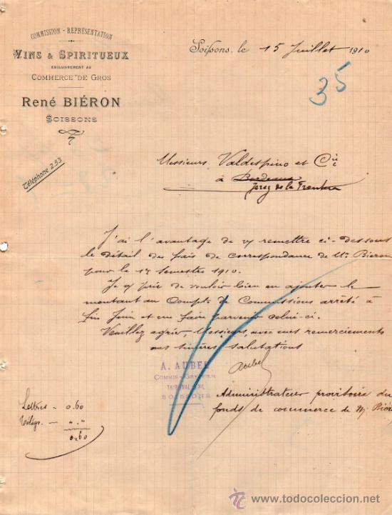 Commercial Letters: CARTA COMERCIAL DE REN&Eacute; BI&Eacute;RON. COMMISSION - REPR&Eacute;SENTATION. SOISSONS 1910,  FRANCE
