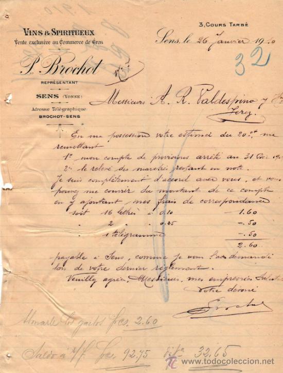 Commercial Letters: CARTA COMERCIAL DE P. BROCHOT.  REPR&Eacute;SENTANT. SENS (YONNE) 1910,  FRANCE