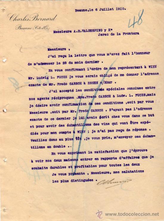 Commercial Letters: CARTA COMERCIAL DE CHARLES BERNARD. BEAUNE 1910,  FRANCE