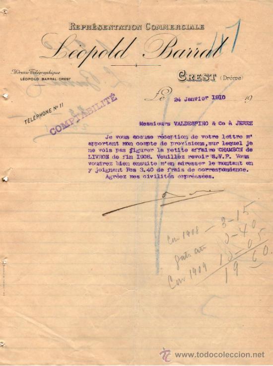 Commercial Letters: CARTA COMERCIAL DE L&Eacute;OPOLD BARRAL. REPR&Eacute;SENTATION COMMERCIALE. CREST (DR&Ocirc;ME) 1910,  FRANCE