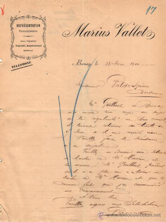 Commercial Letters: CARTA COMERCIAL DE MARIUS VALLET. REPR&Eacute;SENTATION - COMMISSION. BERNAY 1900,  FRANCE