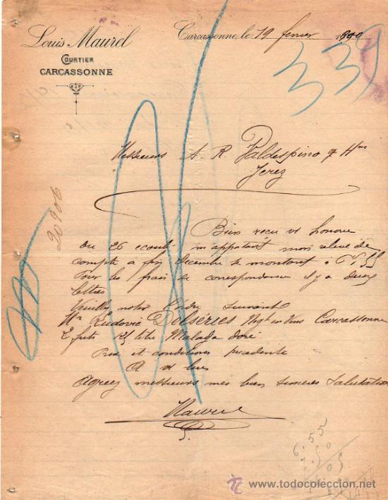 Commercial Letters: CARTA COMERCIAL DE LOUIS MAUREL. COURTIER. CARCASSONNE 1900,  FRANCE