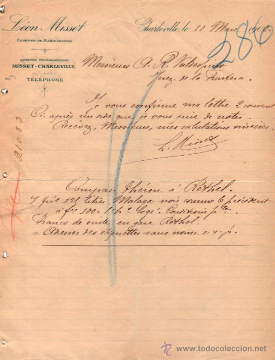 Commercial Letters: CARTA COMERCIAL DE L&Eacute;ON MISSET. COURTIER DE MARCHANDISES. CHARLEVILLE 1900,  FRANCE