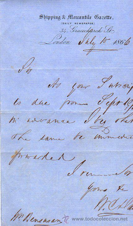 Commercial Letters: CARTA COMERCIAL DE SHIPPING & MERCANTILE GAZETTE. LONDON 1866