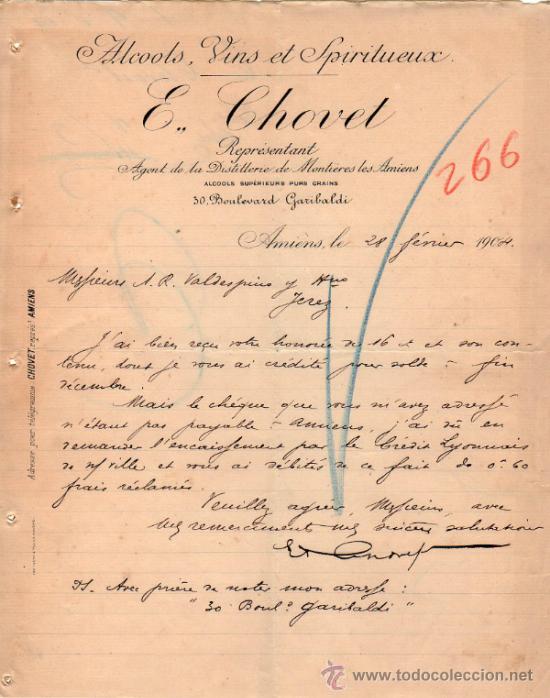 Commercial Letters: CARTA COMERCIAL DE E. CHOVET. REPR&Eacute;SENTANT - AGENT DE LA DISTILLERIE DE MONTI&Egrave;RES. FRANCE  1904