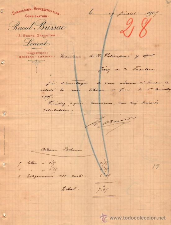 Commercial Letters: CARTA COMERCIAL DE RAOUL BRISSAC. COMMISSION - REPR&Eacute;SENTATION - CONSIGNATION. LORIENT 1905, FRANCE