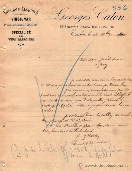 Commercial Letters: CARTA COMERCIAL DE GEORGES CATON. TOULON 1900, FRANCE