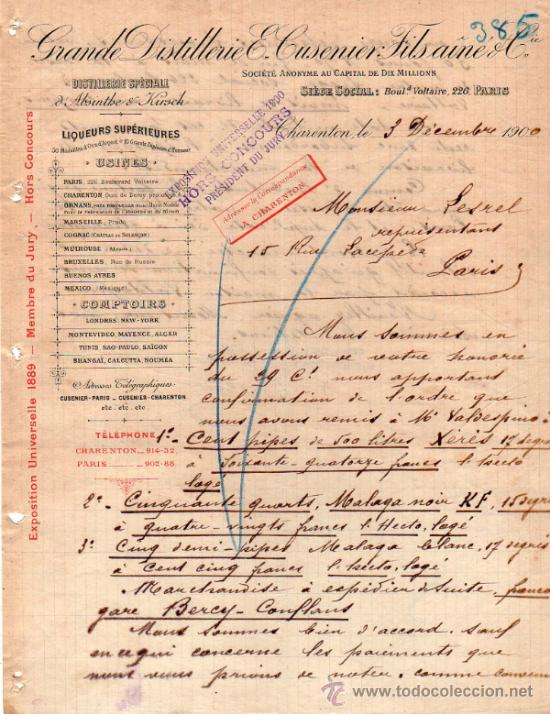 Commercial Letters: CARTA COMERCIAL DE E. CUSENIER FILS A&Icirc;N&Eacute; & Cie. S.A. DISTILLERIE. CHARENTON 1900, FRANCE