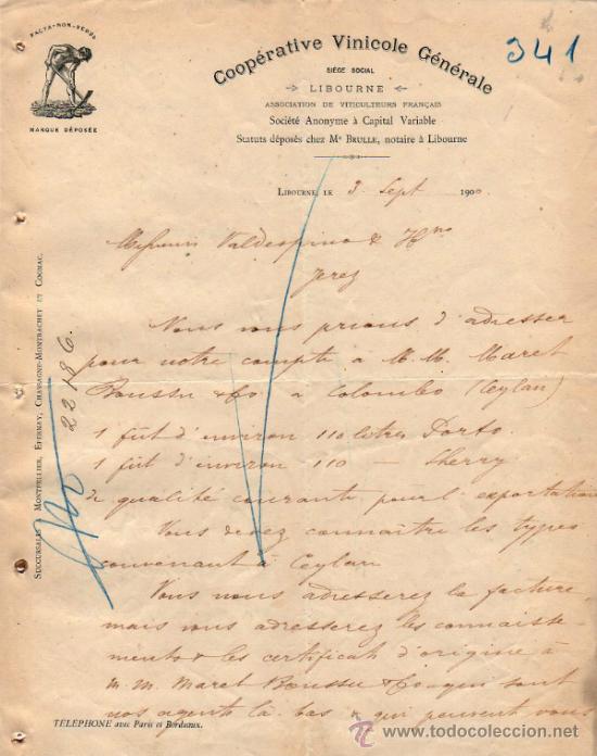 Commercial Letters: CARTA COMERCIAL DE COOP&Eacute;RATIVE VINICOLE G&Eacute;N&Eacute;RALE. LIBOURNE 1900, FRANCE