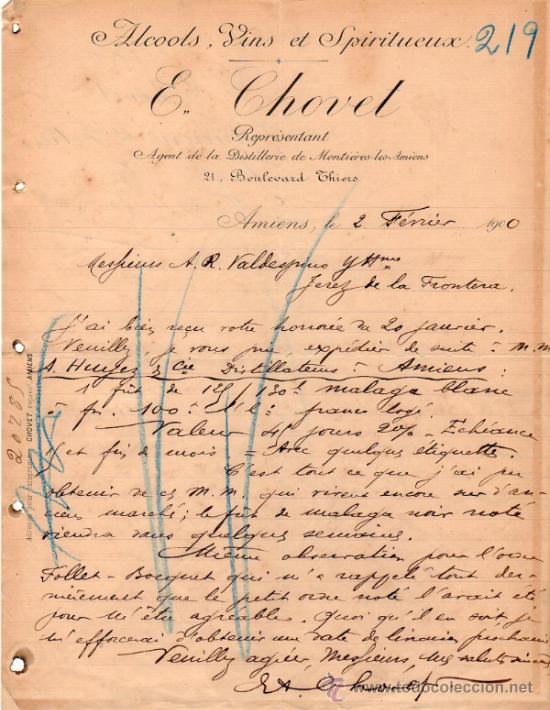 Commercial Letters: CARTA COMERCIAL DE E. CHOVET. REPR&Eacute;SENTANT - AGENT DE LA DISTILLERIE DE MONTI&Egrave;RES. FRANCE 1900