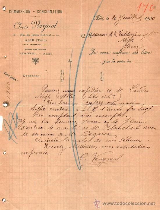 Cartas comerciales: CARTA COMERCIAL DE CLOVIS VERGNOL. COMMISSION - CONSIGNATION. ALBI 1900, FRANCE