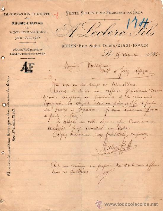Cartas comerciales: CARTA COMERCIAL DE A. LECLERC FILS. IMPORTATION DE RHUMS- TAFIAS- VINS &Eacute;TRANGERS. ROUEN 1894, FRANCE