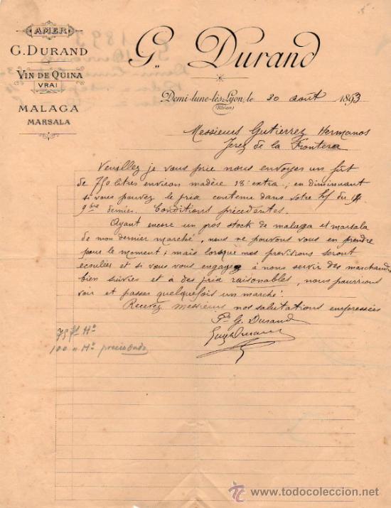 Cartas comerciales: CARTA COMERCIAL DE G. DURRAND. LYON 1893, FRANCE