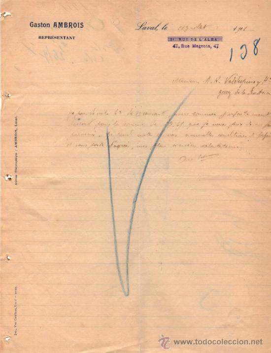 Cartas comerciales: CARTA COMERCIAL DE GASTON AMBROIS. REPRR&Eacute;SENTANT. LAVAL 1901