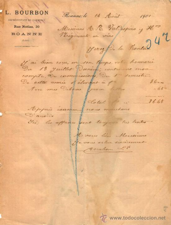 Cartas comerciales: CARTA COMERCIAL DE L. BOURBON. REPR&Eacute;SENTANT DE COMMERCE. ROANNE 1901, FRANCE