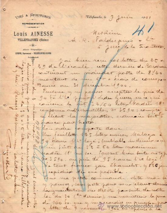Cartas comerciales: CARTA COMERCIAL DE LOUIS AINESSE. REPR&Eacute;SENTATION. VILLEFRANCHE1901, FRANCE