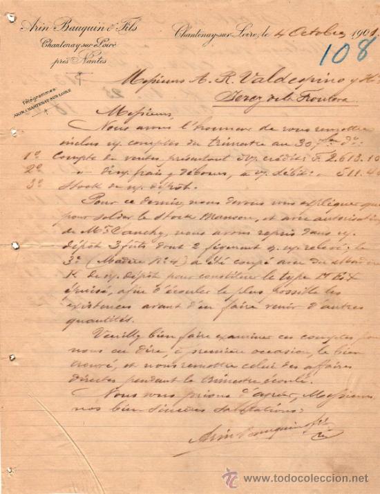 Cartas comerciales: CARTA COMERCIAL DE ARIN BAUQUIN & FILS. CHANTENAY - SUR - LOIRE 1901, FRANCE