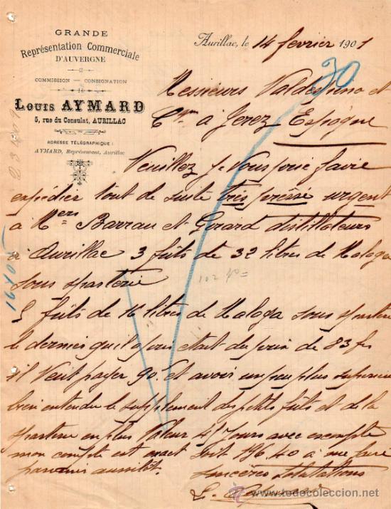Cartas comerciales: CARTA COMERCIAL DE LOUIS AYMARD. COMMISSION - CONSIGNATION. AURILLAC 1901, FRANCE
