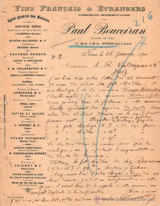 Cartas comerciales: CARTA COMERCIAL DE PAUL BOUCOIRAN. COURTIER EN VINS. COMMISSION - REPR&Eacute;SENTATION. NIMES 1901, FRANCE