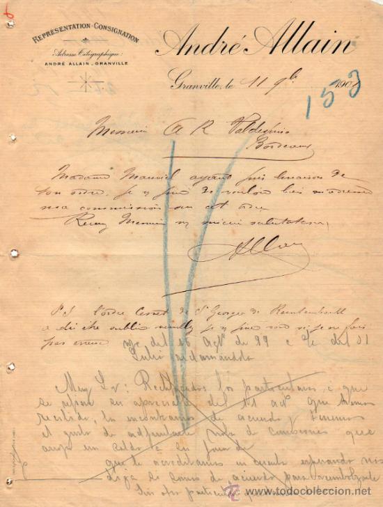 Cartas comerciales: CARTA COMERCIAL DE ANDR&Eacute; ALLAIN. REPR&Eacute;SENTATION - CONSIGNATION. GRANVILLE 1901, FRANCE