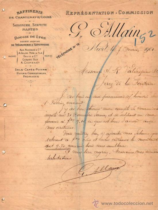 Cartas comerciales: CARTA COMERCIAL DE G. ALLAIN. REPR&Eacute;SENTATION - COMMISSION. NIORT 1901, FRANCE