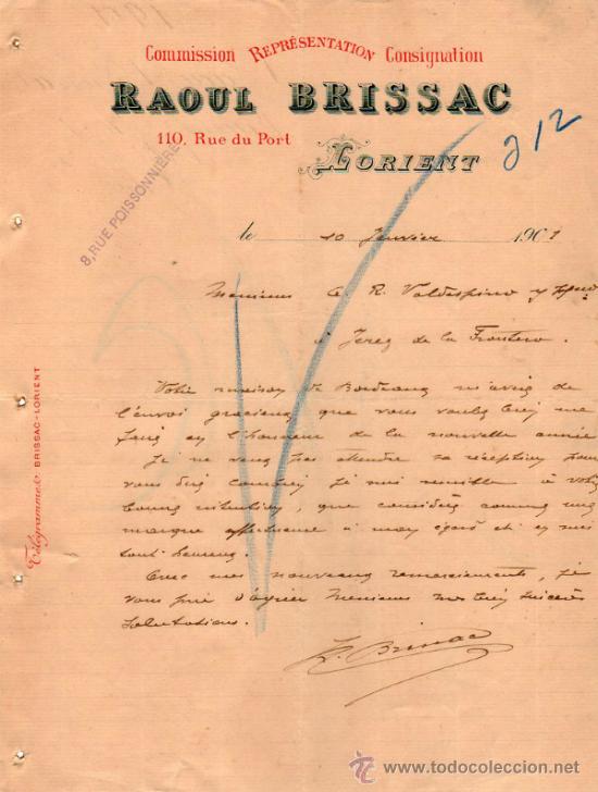 Cartas comerciales: CARTA COMERCIAL DE RAOUL BRISSAC. COMMISSION - REPR&Eacute;SENTATION - CONSIGNATION. LORIENT 1901, FRANCE