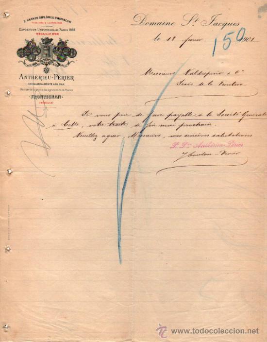 Cartas comerciales: CARTA COMERCIAL DE ANTH&Eacute;RIEU - P&Eacute;RIER. FRANCE 1901