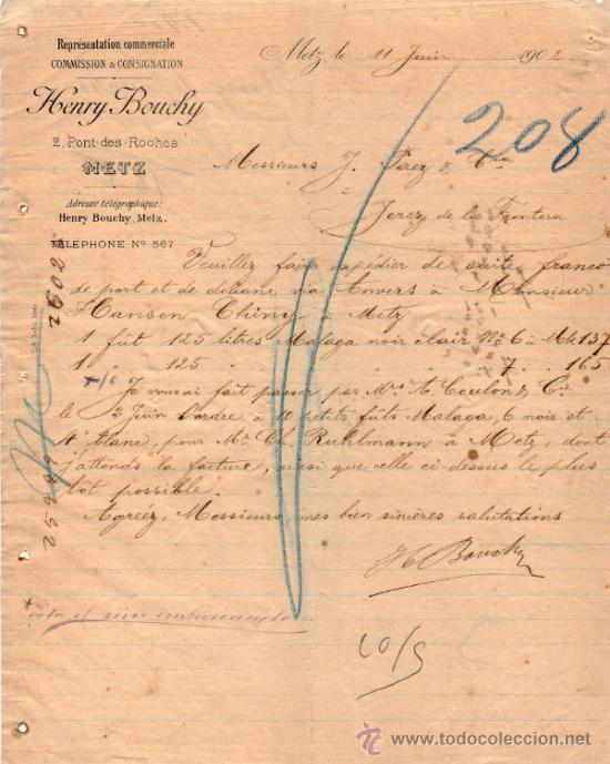 Cartas comerciales: CARTA COMERCIAL DE HENRI BOUCHY. COMMISSION - CONSIGNATION METZ 1902, FRANCE