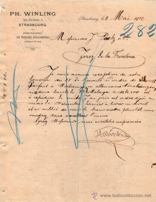 Cartas comerciales: CARTA COMERCIAL DE PH. WINLING. STRASBOURG 1902, FRANCE
