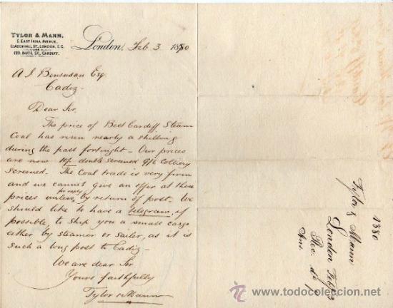 Cartas comerciais: CARTA COMERCIAL DE TYLOR & MANN. LONDON 1880