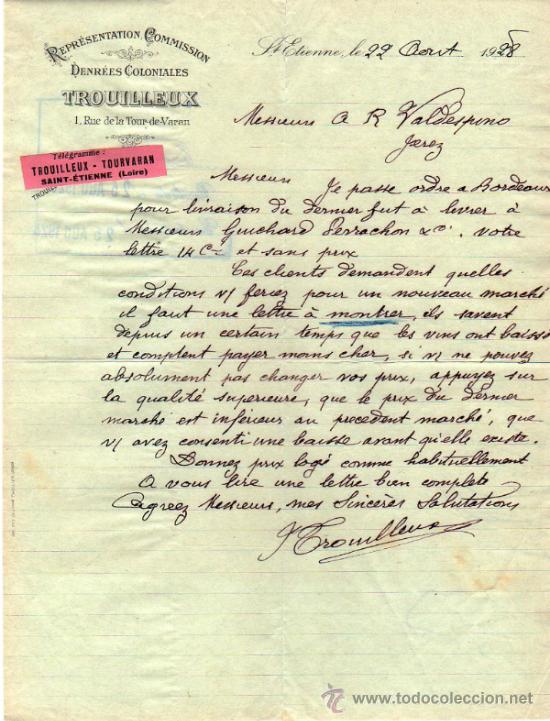 Cartas comerciales: CARTA COMERCIAL DE TROUILLEUX. REPR&Eacute;SENTATION - COMMISSION. St. ETIENNE 1928, FRANCE
